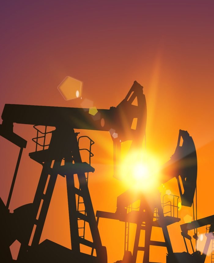 Oil pump industrial machine over the sunset. Vector illustration.